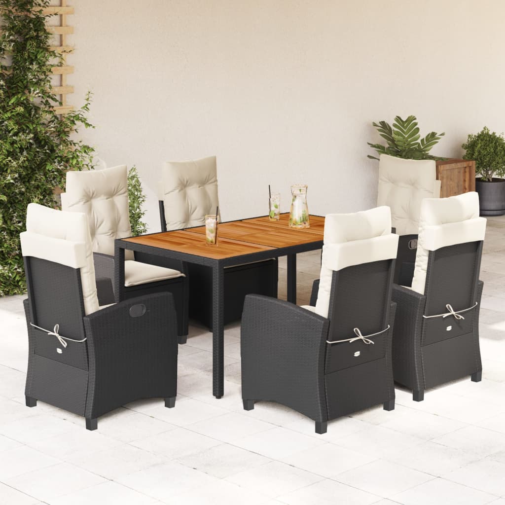 7-tlg. Garten-Essgruppe mit Kissen Schwarz Poly Rattan